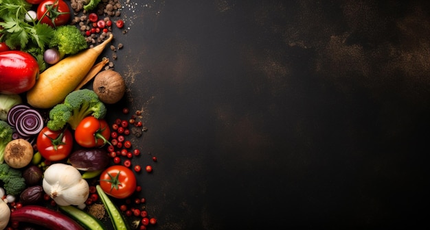 il y a un fond noir avec une variété de légumes et d'épices ai génératif