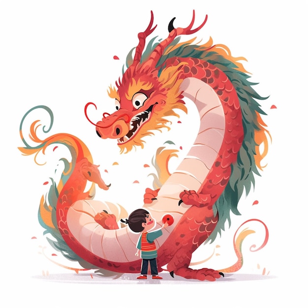 Il y a un garçon debout à côté d'un dragon avec une grande bouche générative ai