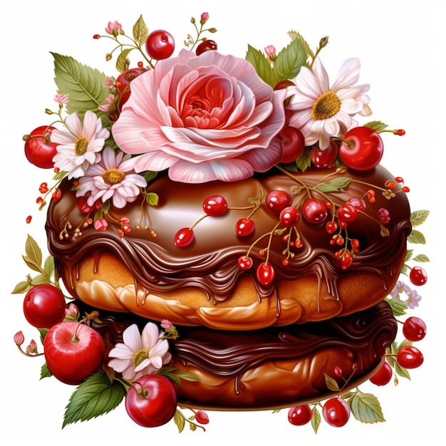 il y a un gâteau au chocolat avec des fleurs et des cerises dessus ai générative