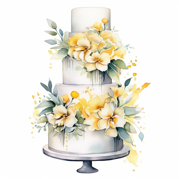 Photo il y a un gâteau blanc avec des fleurs jaunes sur le dessus.