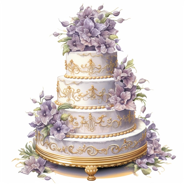 Il y a un gâteau blanc avec des fleurs violettes sur le dessus.