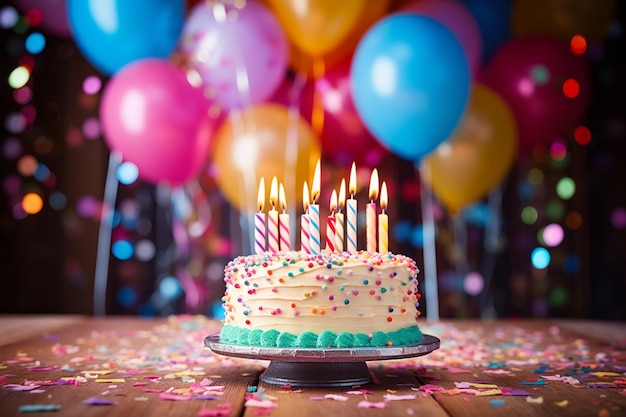 Il y a un gâteau avec des bougies entouré de ballons.