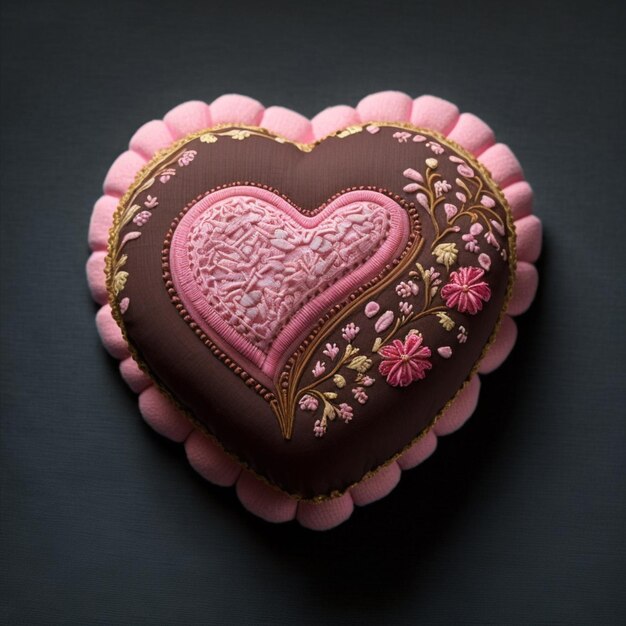 Il y a un gâteau en forme de coeur avec un design rose et marron ai génératif