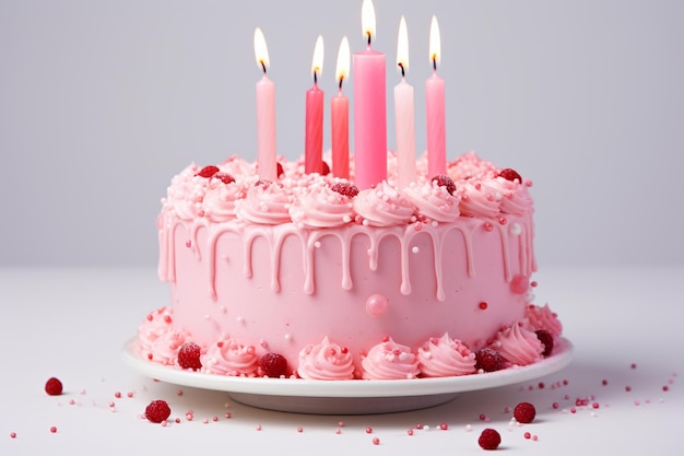 Il y a un gâteau rose avec glaçage rose et bougies allumées générative ai