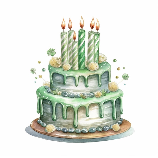 Il y a un gâteau vert avec des bougies sur le dessus.