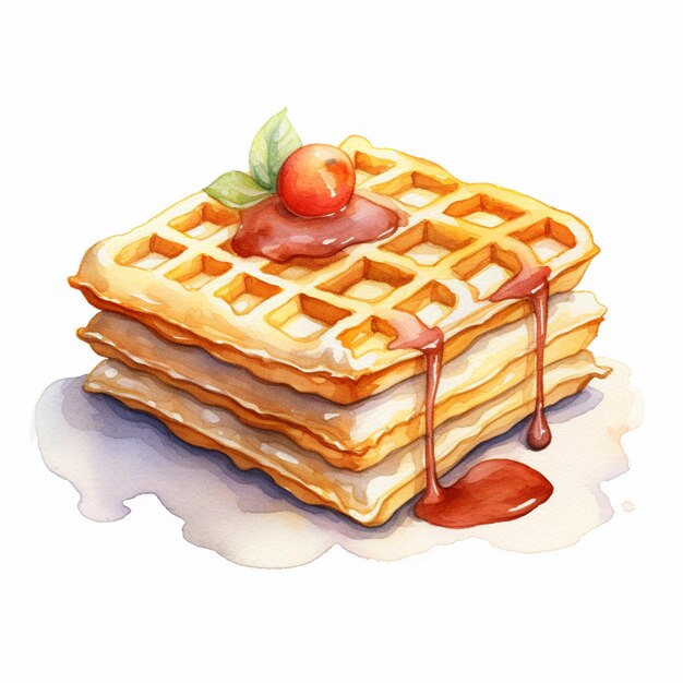 Il y a une gaufre avec du sirop et une cerise sur le dessus.