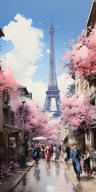 Il y a des gens qui marchent dans la rue devant la tour Eiffel.