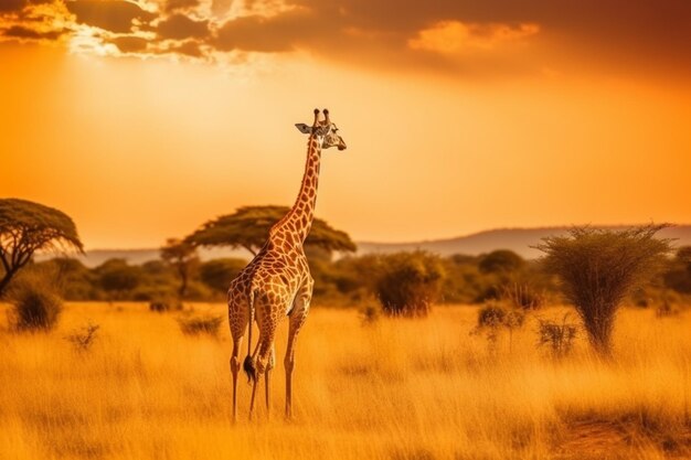 Il y a une girafe au milieu d'un champ génératif.