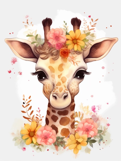 Il y a une girafe avec une couronne de fleurs sur sa tête ai générative