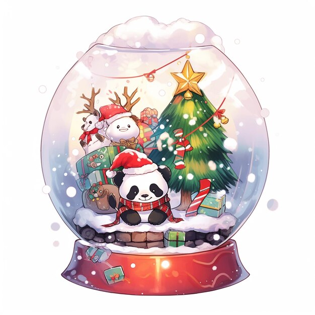 Il y a un globe de neige avec un ours panda et un arbre de Noël.