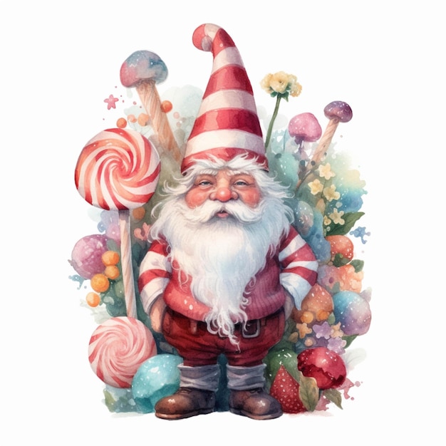 Il y a un gnome avec une canne en bonbon et une ai générative de canne en bonbon