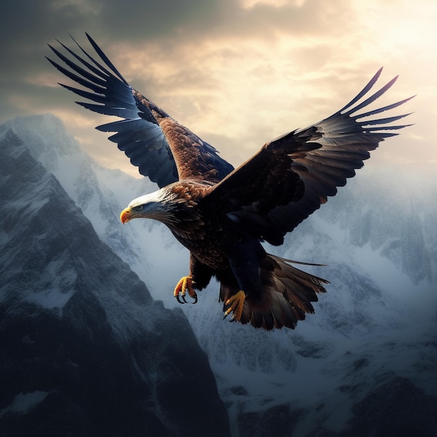 Il y a un grand aigle volant au-dessus d'une chaîne de montagnes générative ai