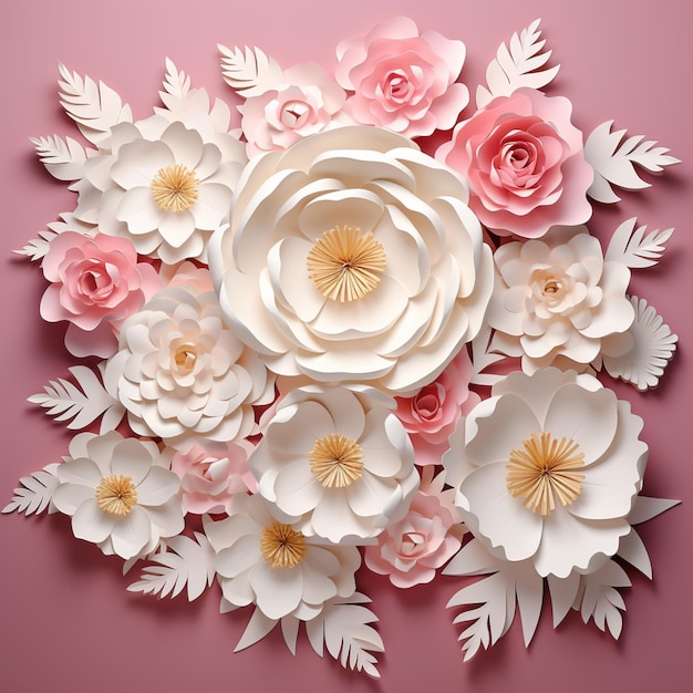 Photo il y a un grand arrangement de fleurs en papier sur fond rose ai générative