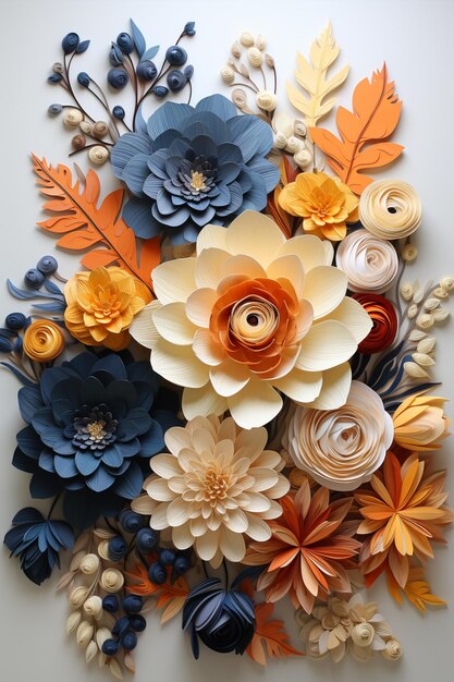 Il y a un grand arrangement de fleurs de papier sur une surface blanche générative ai