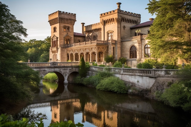 Il y a un grand château avec un pont sur une rivière générative ai