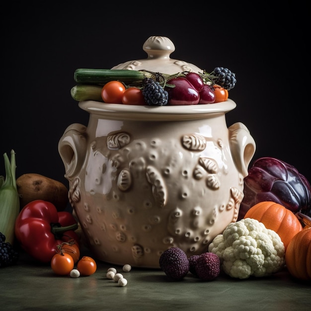 Il y a un grand pot avec des légumes sur une table générative ai