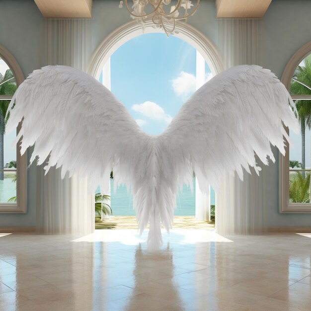 Il y a une grande aile d'ange blanche dans une pièce générative ai