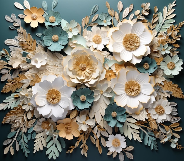 Il y a une grande arrangement de fleurs de papier sur un mur génératif ai