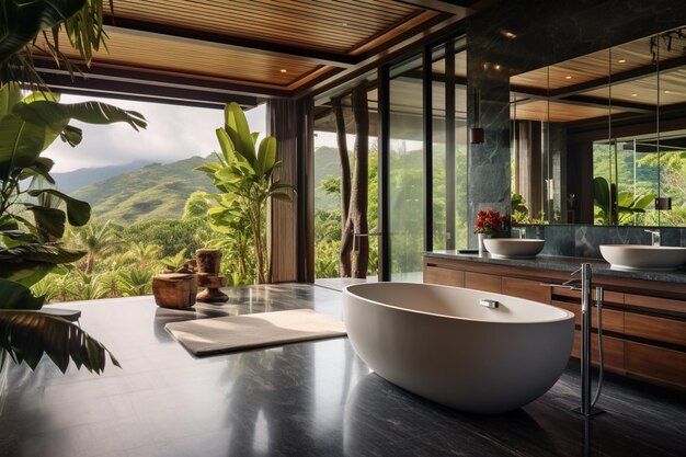 il y a une grande baignoire dans une salle de bain avec vue sur les montagnes ai générative