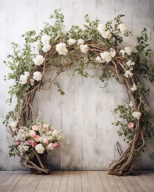 Il y a une grande couronne de fleurs sur le sol ai générative