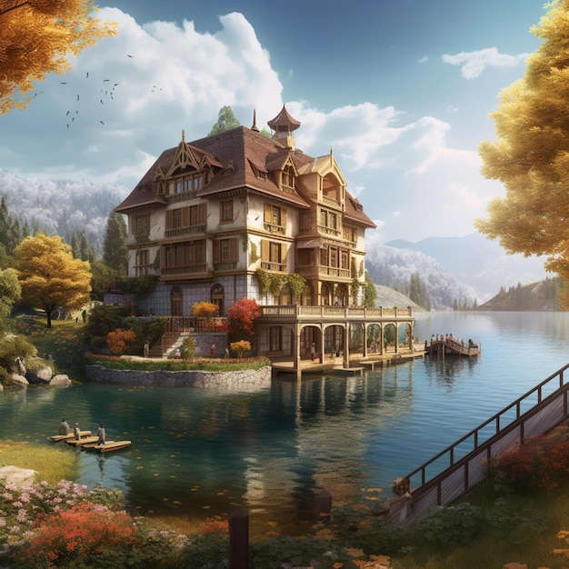 Il y a une grande maison sur un lac avec un bateau dedans IA générative