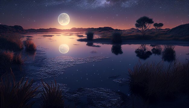 Photo il y a une grande masse d'eau avec une lune dans le ciel générative ai