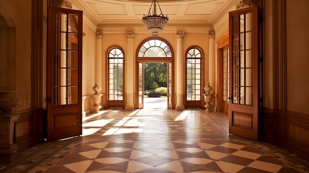 Il y a une grande pièce avec un lustre et un plancher à carreaux.