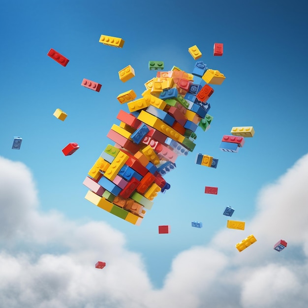 Il y a une grande pile de legos qui volent dans l'air.