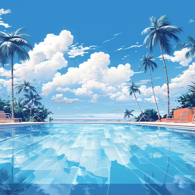 Il y a une grande piscine avec vue sur l'océan et des palmiers génératifs ai