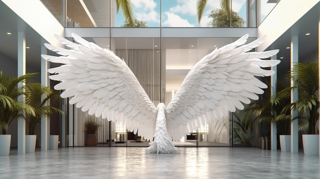Il y a une grande statue d'ange blanc dans un hall avec des palmiers génératifs ai