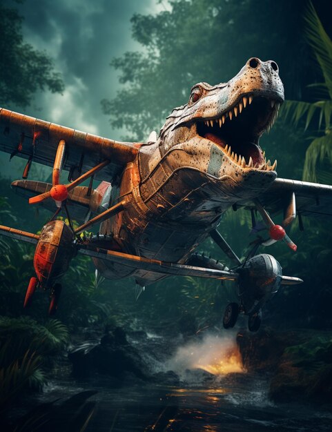 Photo il y a une grande tête de dinosaure sur l'aile d'un avion.