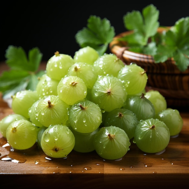 Photo il y a une grappe de raisin sur une planche à découper avec un panier de persil ai générative