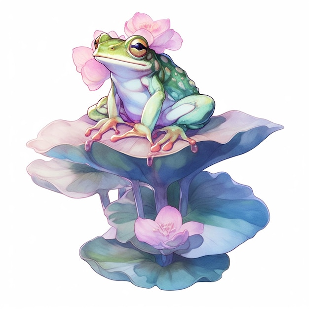 Il y a une grenouille assise sur une fleur sur une feuille générative ai