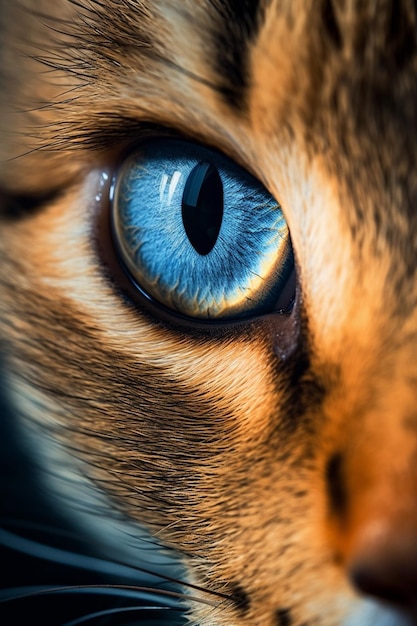 il y a un gros plan d'un œil de chat avec une IA générative à iris bleu
