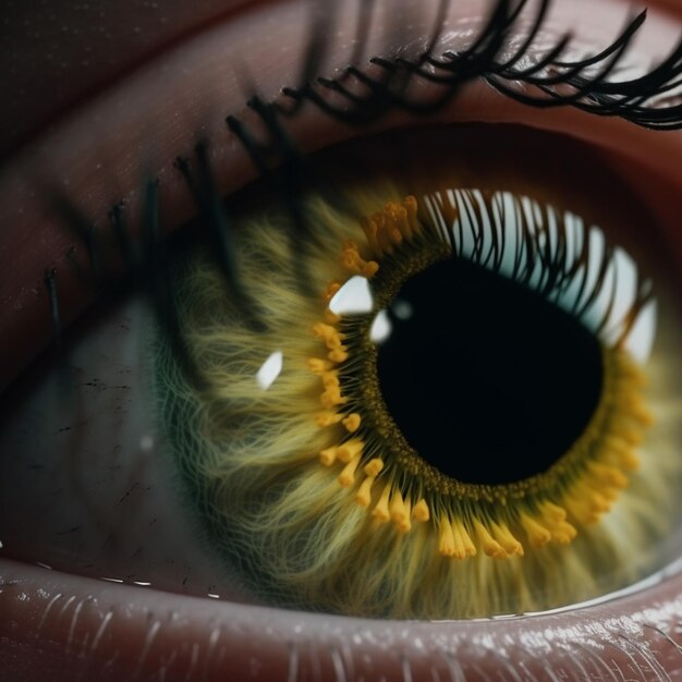il y a un gros plan de l'œil d'une personne avec une IA générative à iris jaune