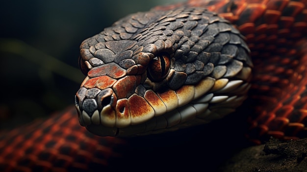 Il y a un gros plan d'une tête de serpent avec un fond rouge et noir ai générative