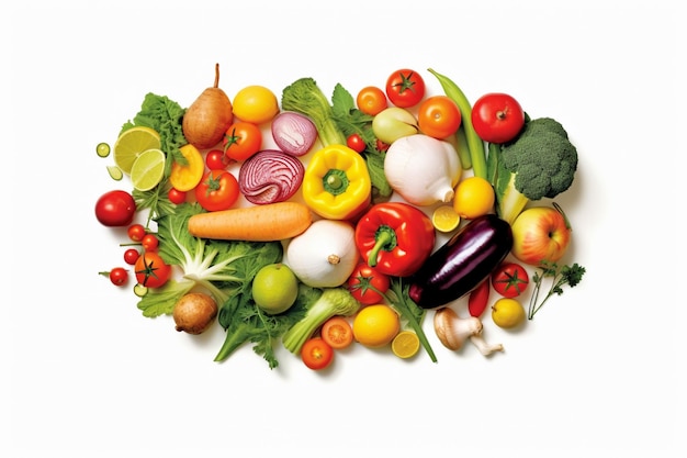 il y a un gros tas de légumes et de fruits sur une surface blanche ai générative
