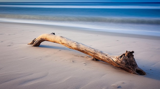 Il y a un gros tronc sur la plage avec un oiseau dessus.