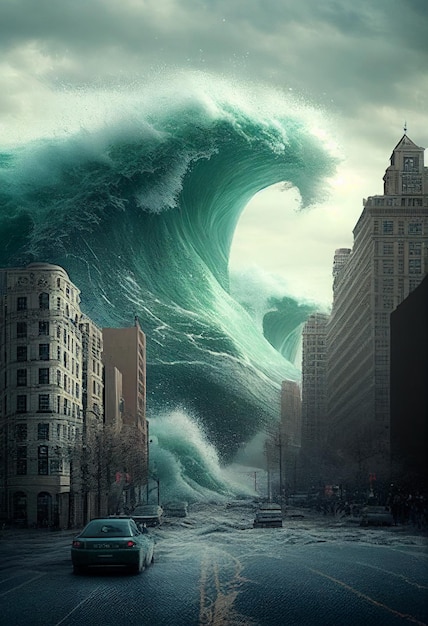Il y a une grosse vague qui frappe la ville. AI généré