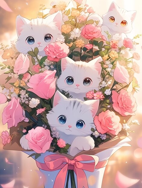 Photo il y a un groupe de chats assis dans un vase avec des fleurs.