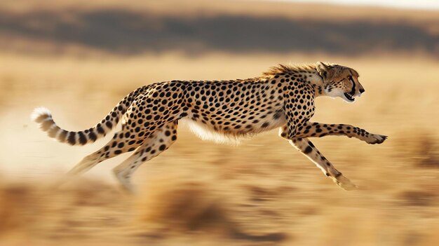 Il y a un guépard qui court dans la nature avec un fond flou.