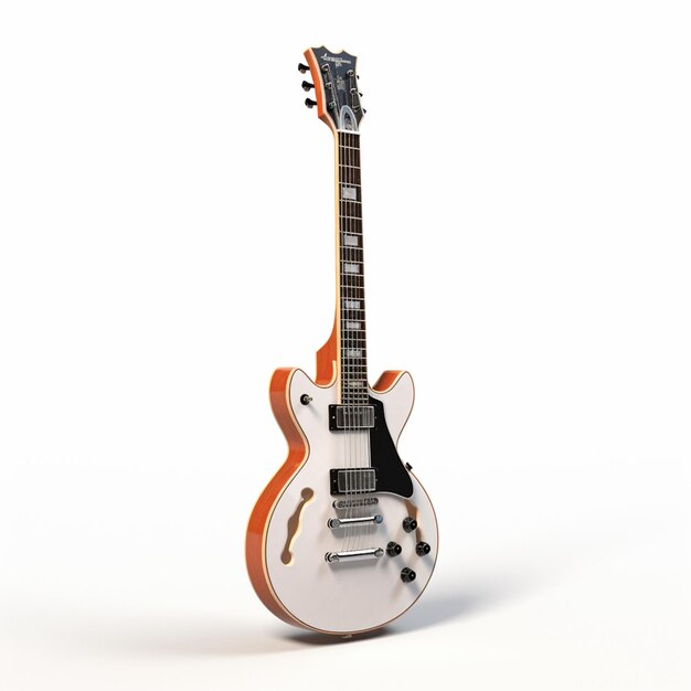 Photo il y a une guitare électrique blanche et orange sur un fond blanc.