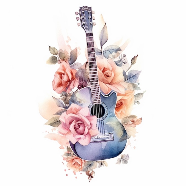 Il y a une guitare avec des fleurs dessus et un arrangement de roses génératif ai
