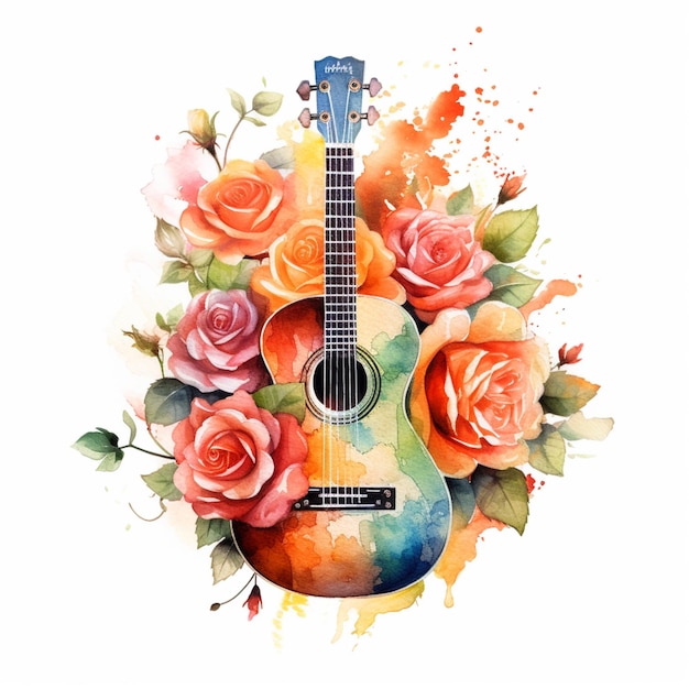 Il y a une guitare avec des roses dessus et une peinture à l'aquarelle générative ai