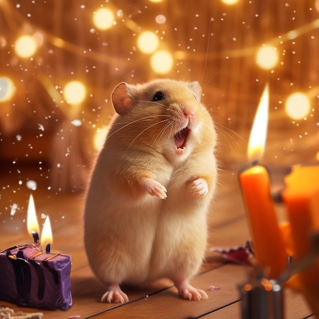 Il y a un hamster assis sur une table avec des bougies génératrices.