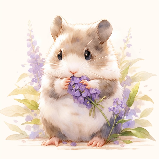 Il y a un hamster qui mange des fleurs au sol ai générative