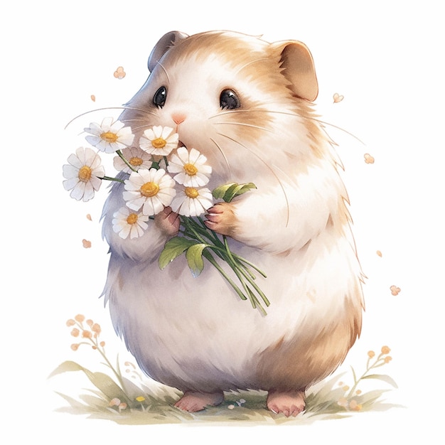 Il y a un hamster tenant un bouquet de fleurs dans ses pattes ai générative