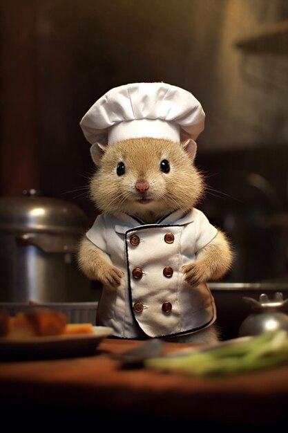 Il y a un hamster vêtu d'un uniforme de chefs debout dans une cuisine ai générative
