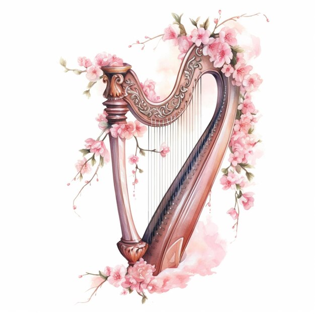 Il y a une harpe avec des fleurs dessus et un fond blanc génératif ai