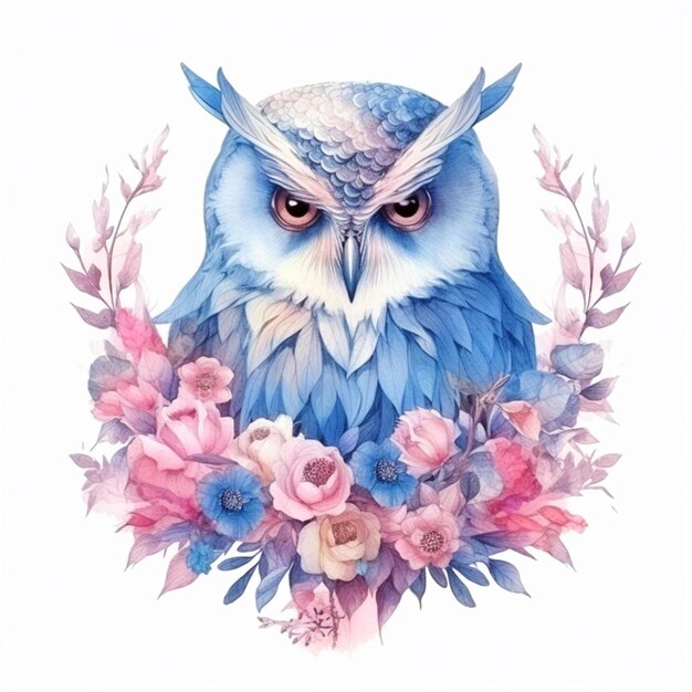 Il y a un hibou bleu avec une couronne de fleurs dessus ai générative